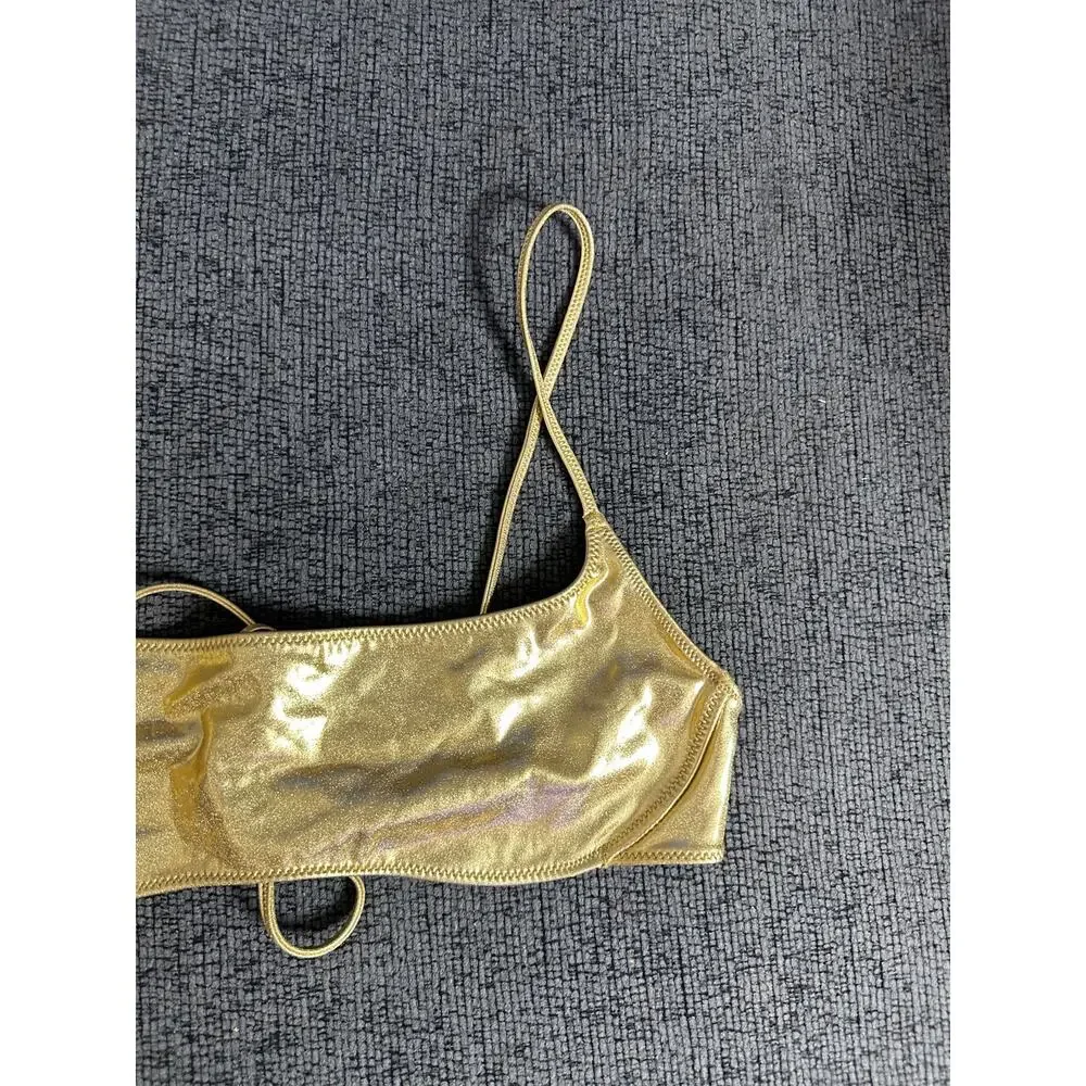 SKIMS Metallic Swim Micro Scoop Bikini Top Gold size M NWT
